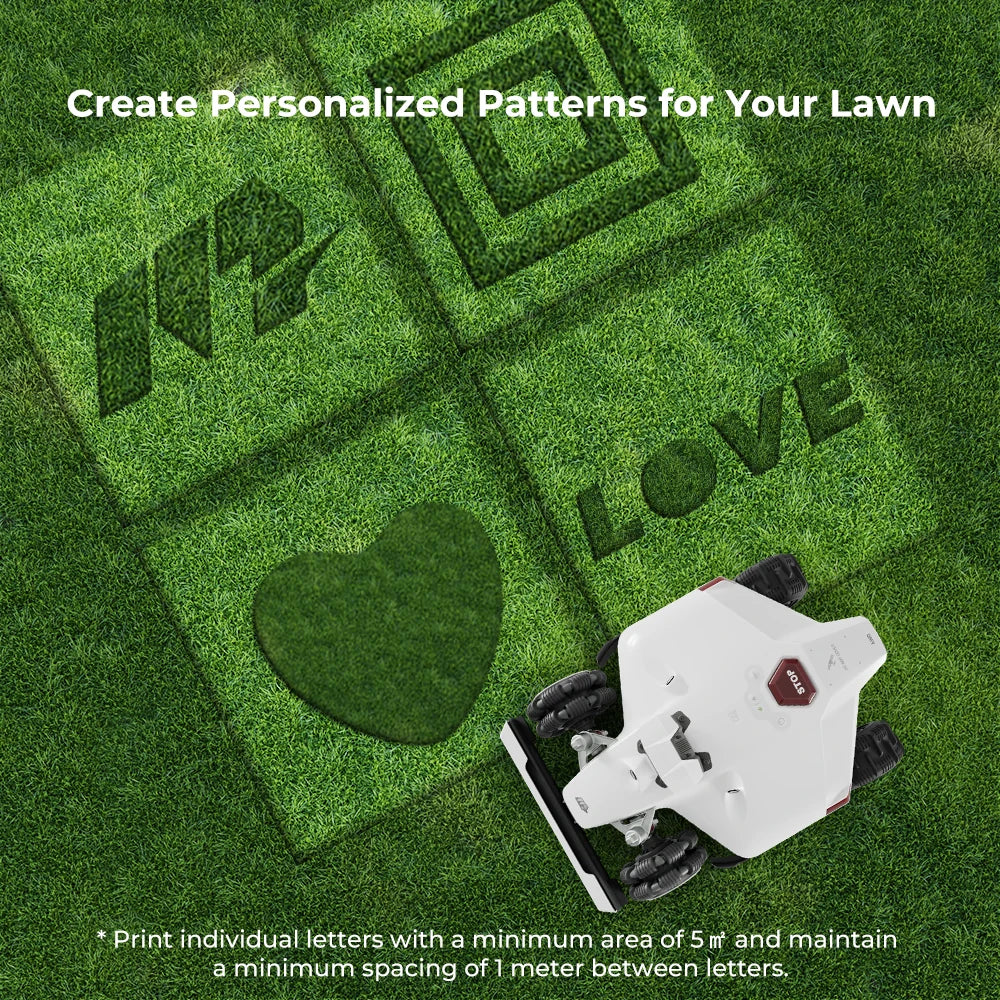 LUBA 2 AWD 10000: Perimeter Wire Free Robot Lawn Mower. Lawn printing technology provides rich mowing patterns and custom designs for your lawn