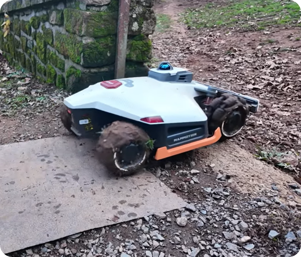 It detects obstacles and pets as it moves, avoiding them safely while continuing to mow.